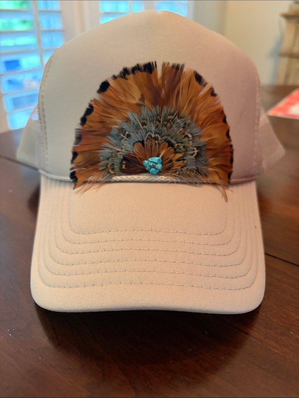 Little Bird Trucking by Briley King Cream Trucker Hat with Brown Feather Fan